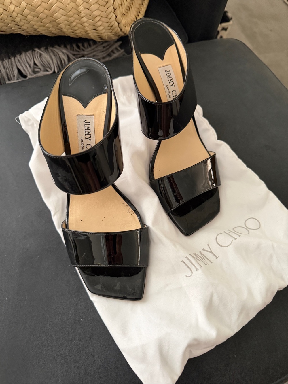 Jimmy Choo Black Patent Leather Double-Band Square-Toe Mules